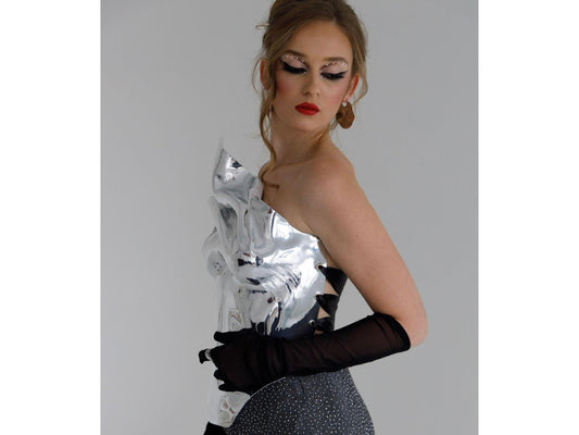Silver Mirror Corset: Sculptural Bustier, Futuristic Rave Fashion