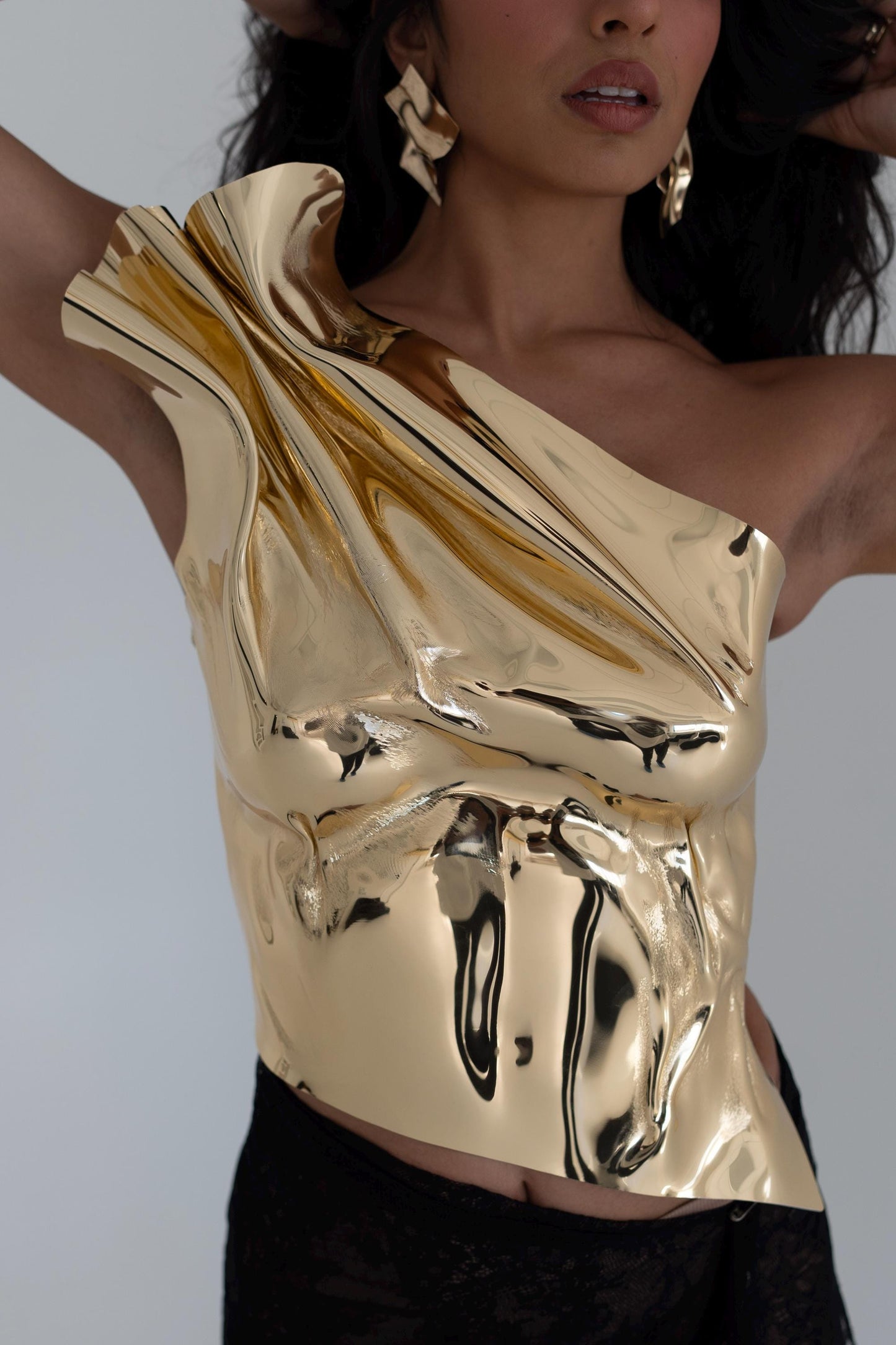 Gold Chrome Metallic Corset Futuristic Armor Bustier Christmas Party Outfit New Year’s Eve Look