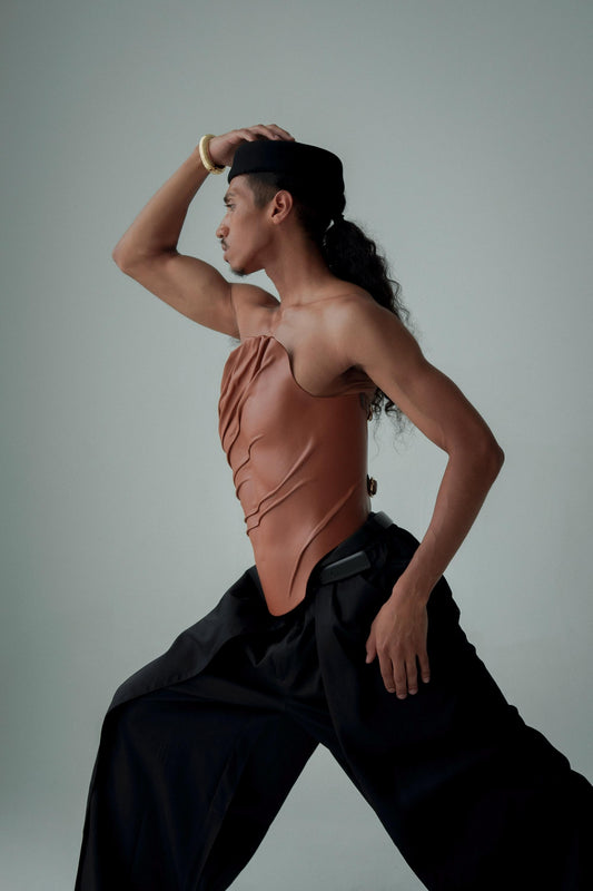 Sculptural Brown Vegan Leather Corset Top, Handmade Couture Bustier, Genderless Queer Fashion, Editorial Runway
