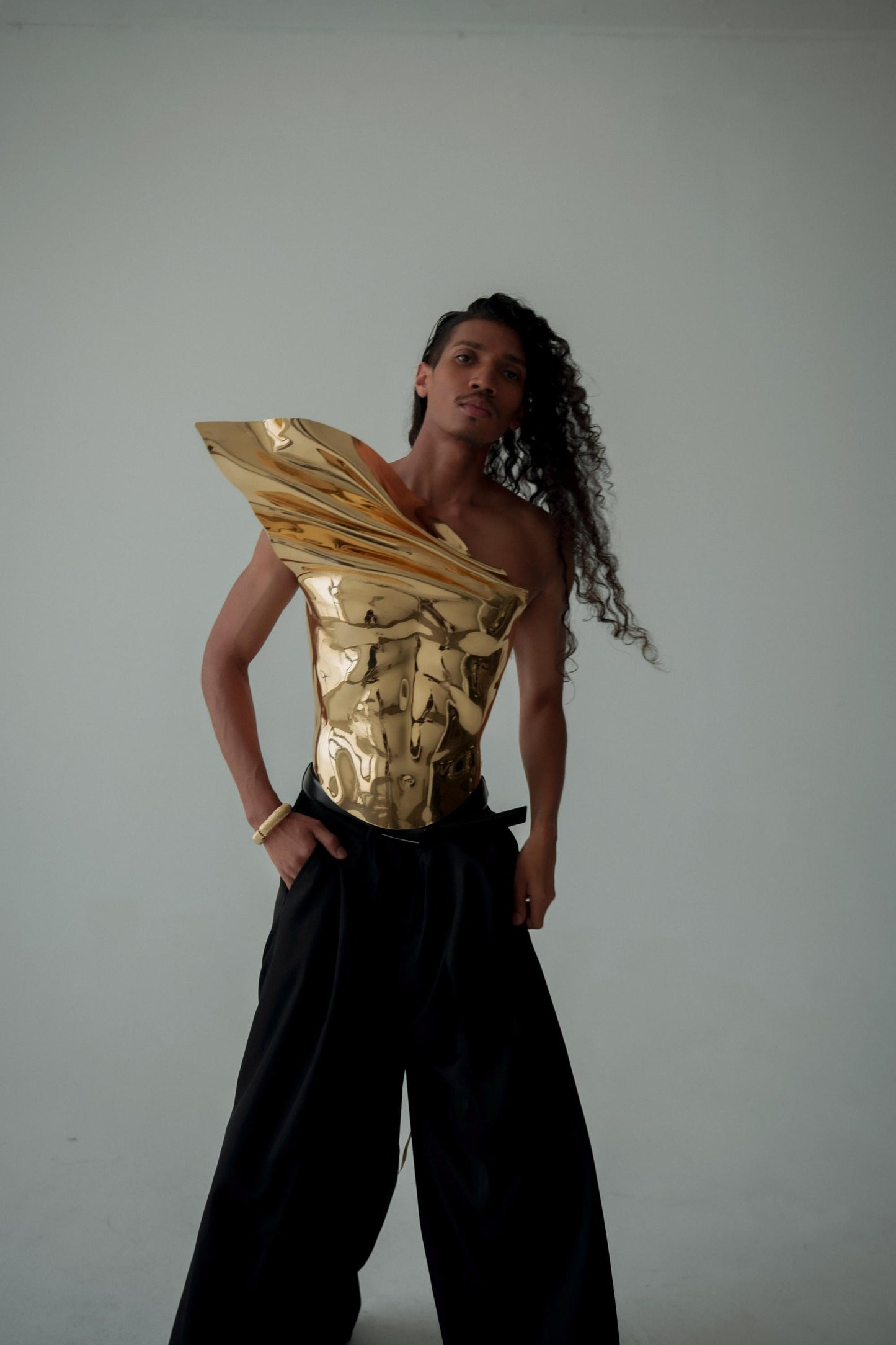 Gold Armor Corset For Men Sculptural Chest Plate Drag Costume Avant Garde Runway Statement