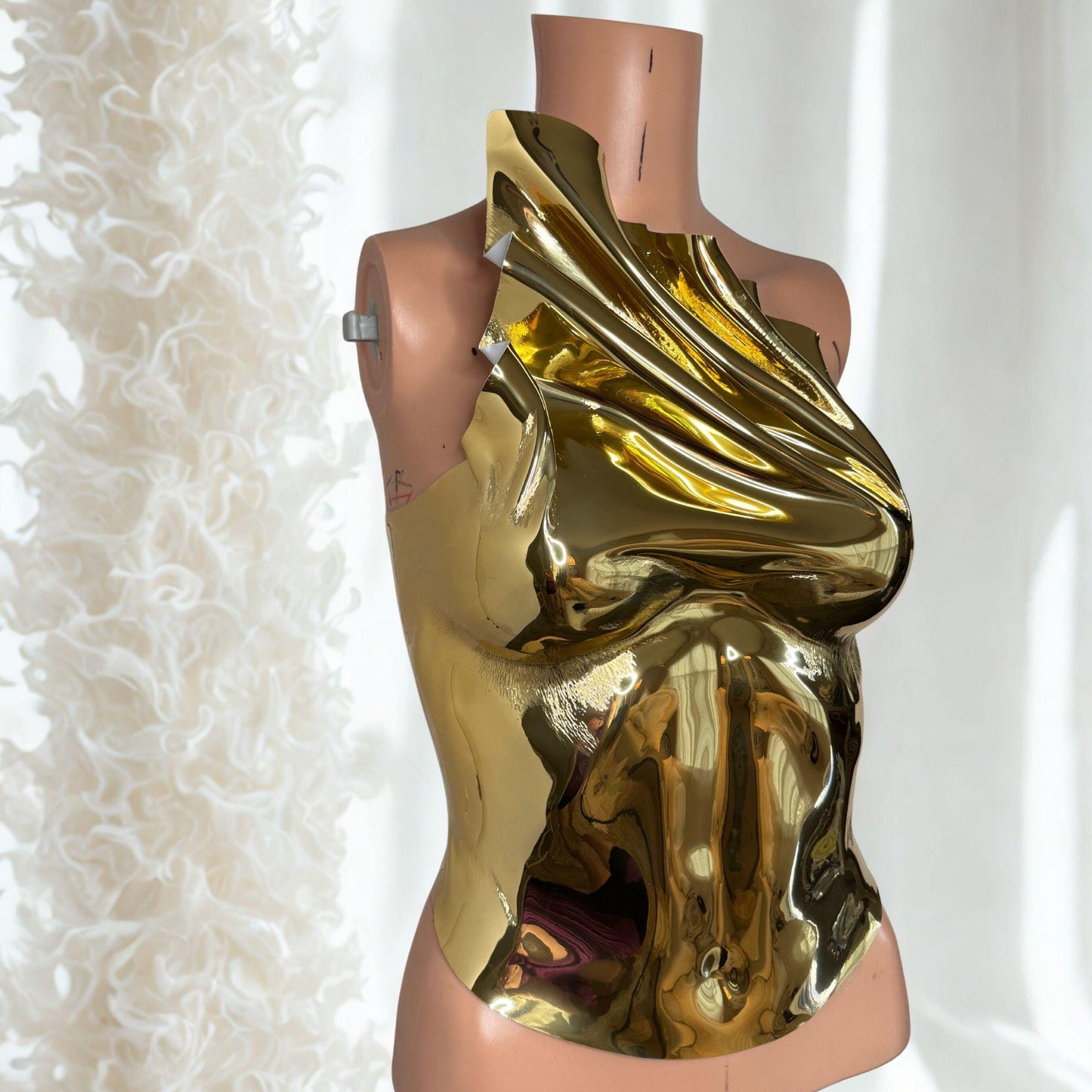 Gold Chrome Mirror Corset Top: Futuristic Rave Outfit