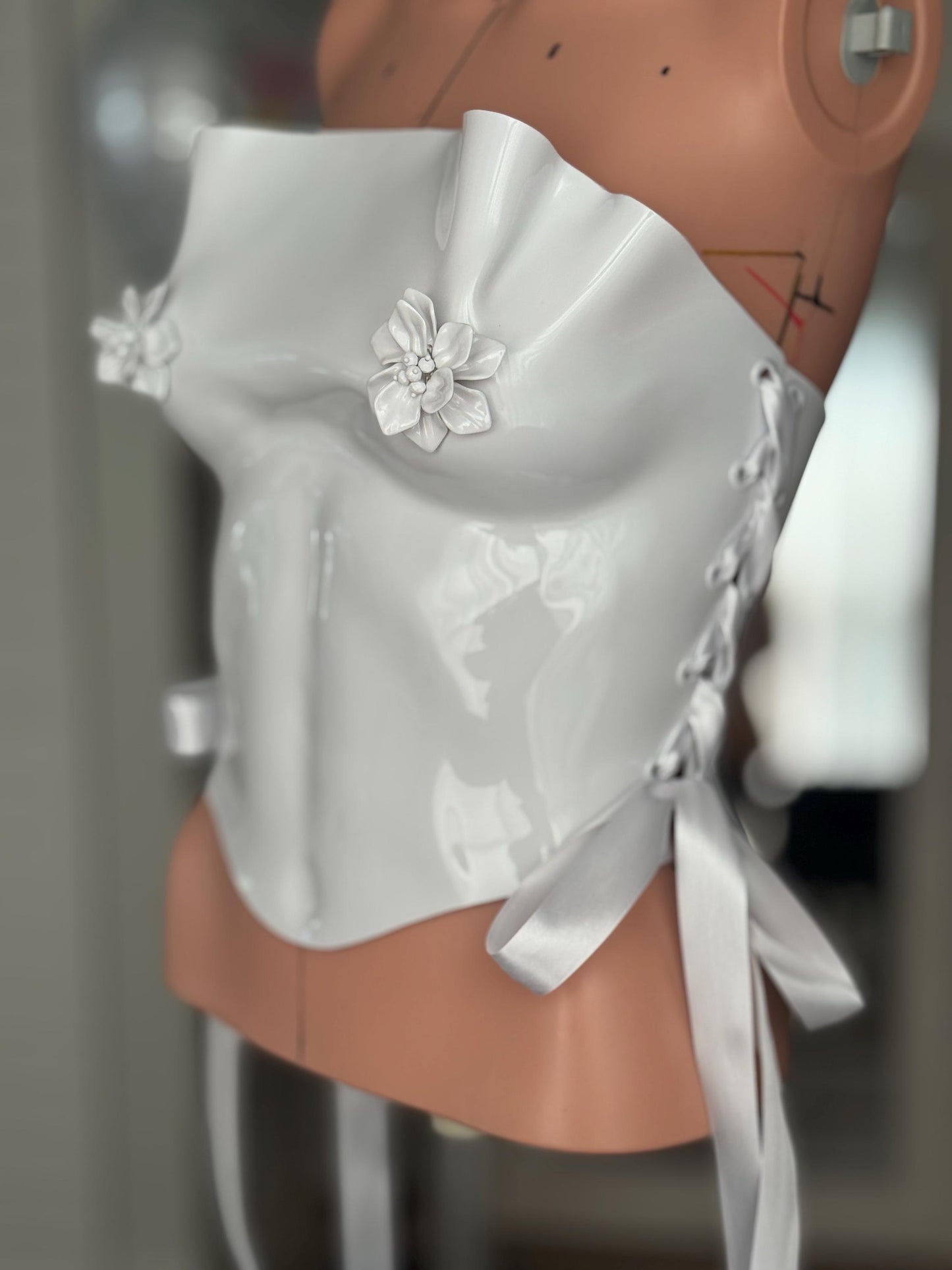 Silver Metallic Bustier Corset, Sculpted Flower Cup Top, Futuristic Statement Wearable Art