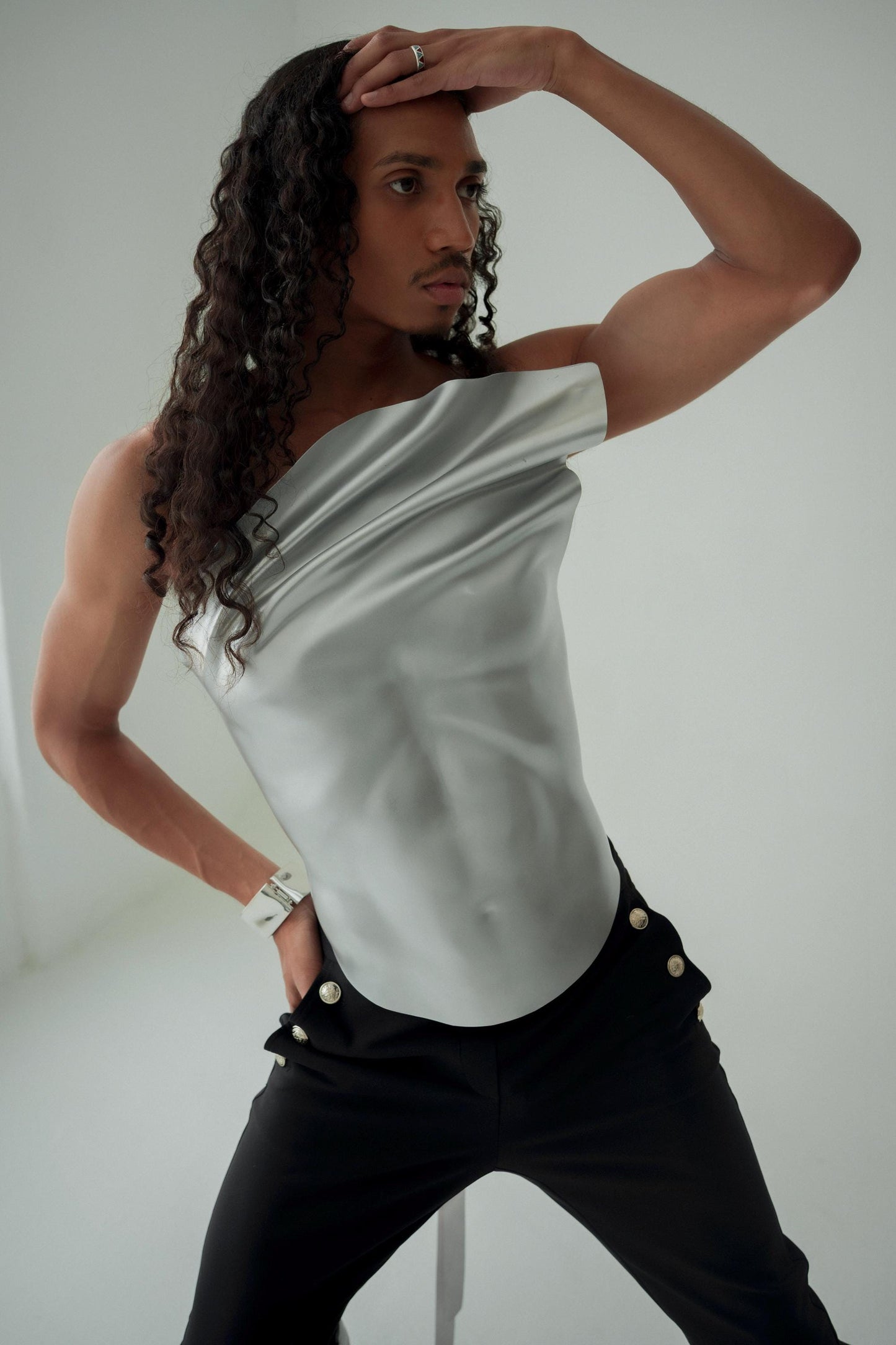 Metallic Sculpted Corset, Futuristic Torso Armor, Runway Editorial Statement Piece