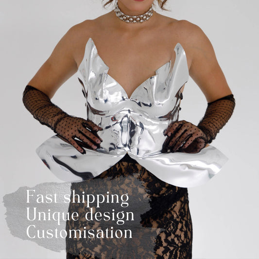 Metallic Silver Corset Crop Top: Chrome Mirror Rave Outfit