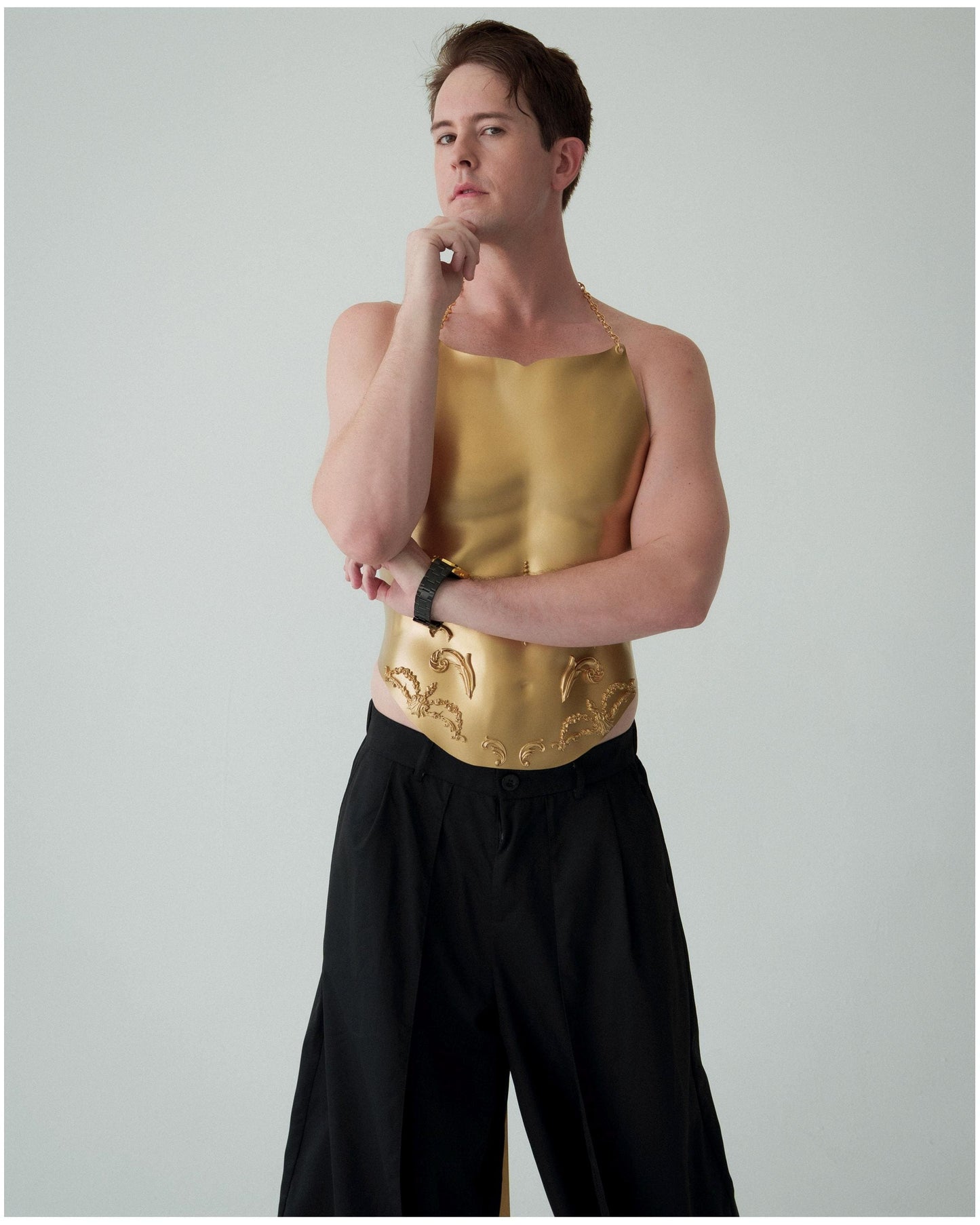 Custom Gold Corset: Men's Festival Stage Armor, Avant Garde Fashion