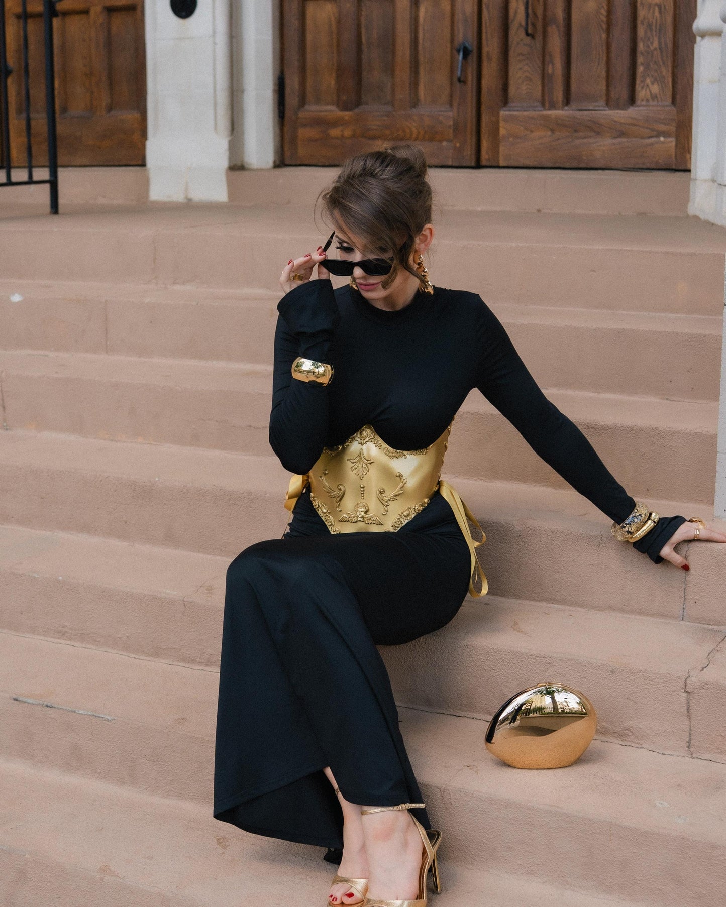 Gold Baroque Sculptural Corset Belt, Handmade Acrylic Waist Cincher, Lace Up Side Corset Couture