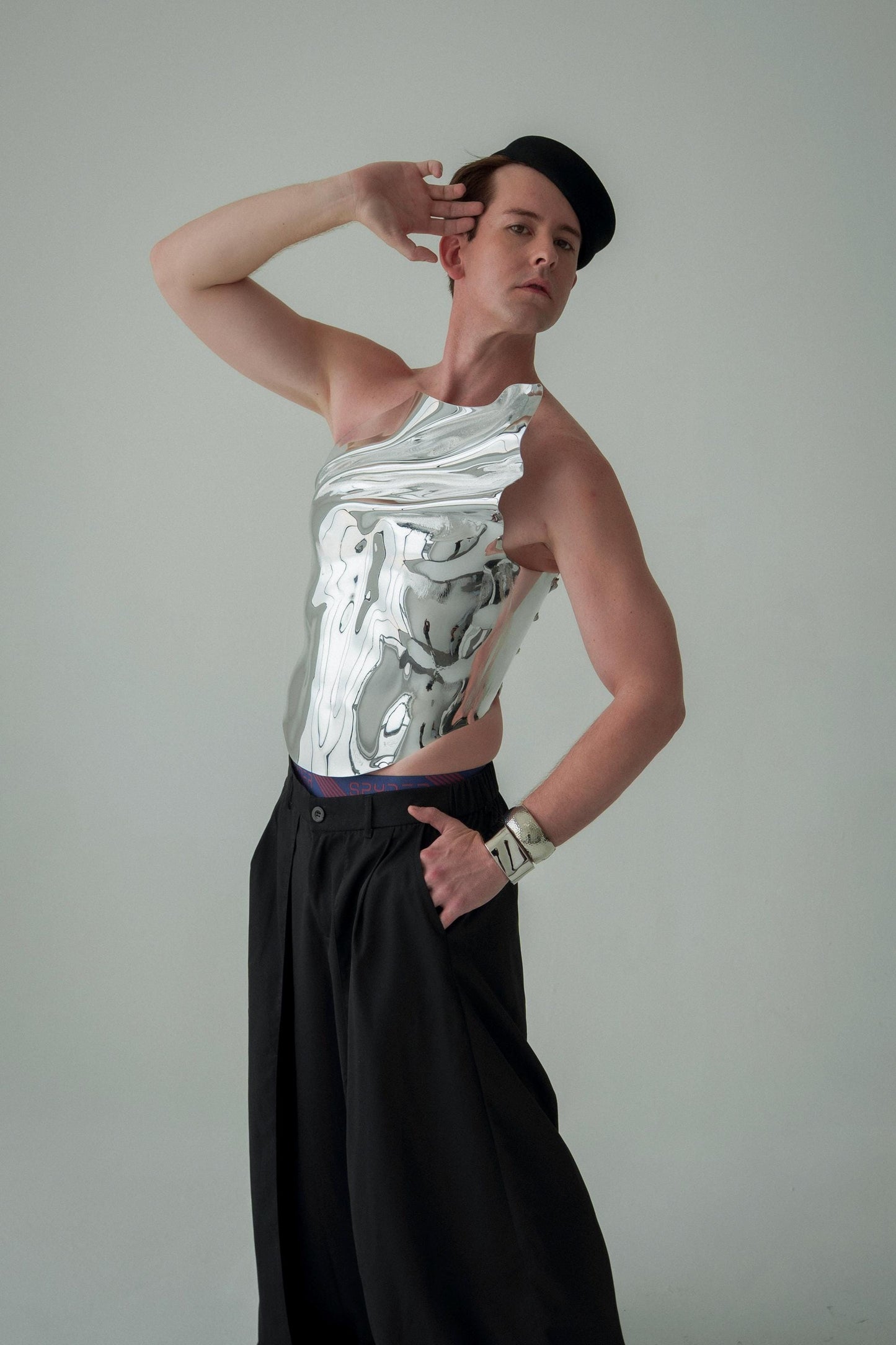 Men's Silver Metallic Corset Armor: Royal Chromium Fashion Top
