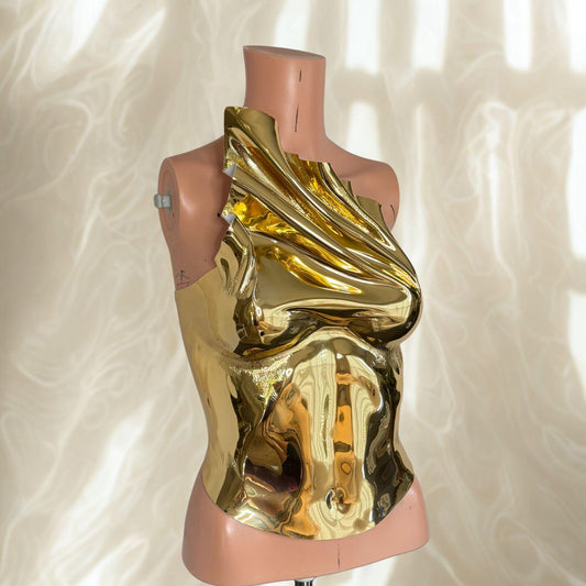 Gold Chrome Mirror Corset Top: Futuristic Rave Outfit