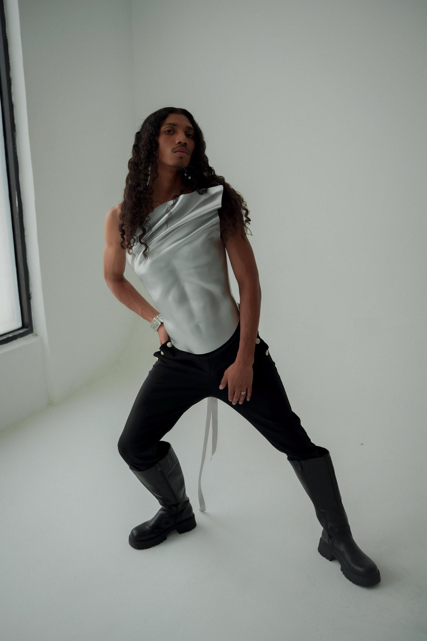 Metallic Sculpted Corset, Futuristic Torso Armor, Runway Editorial Statement Piece