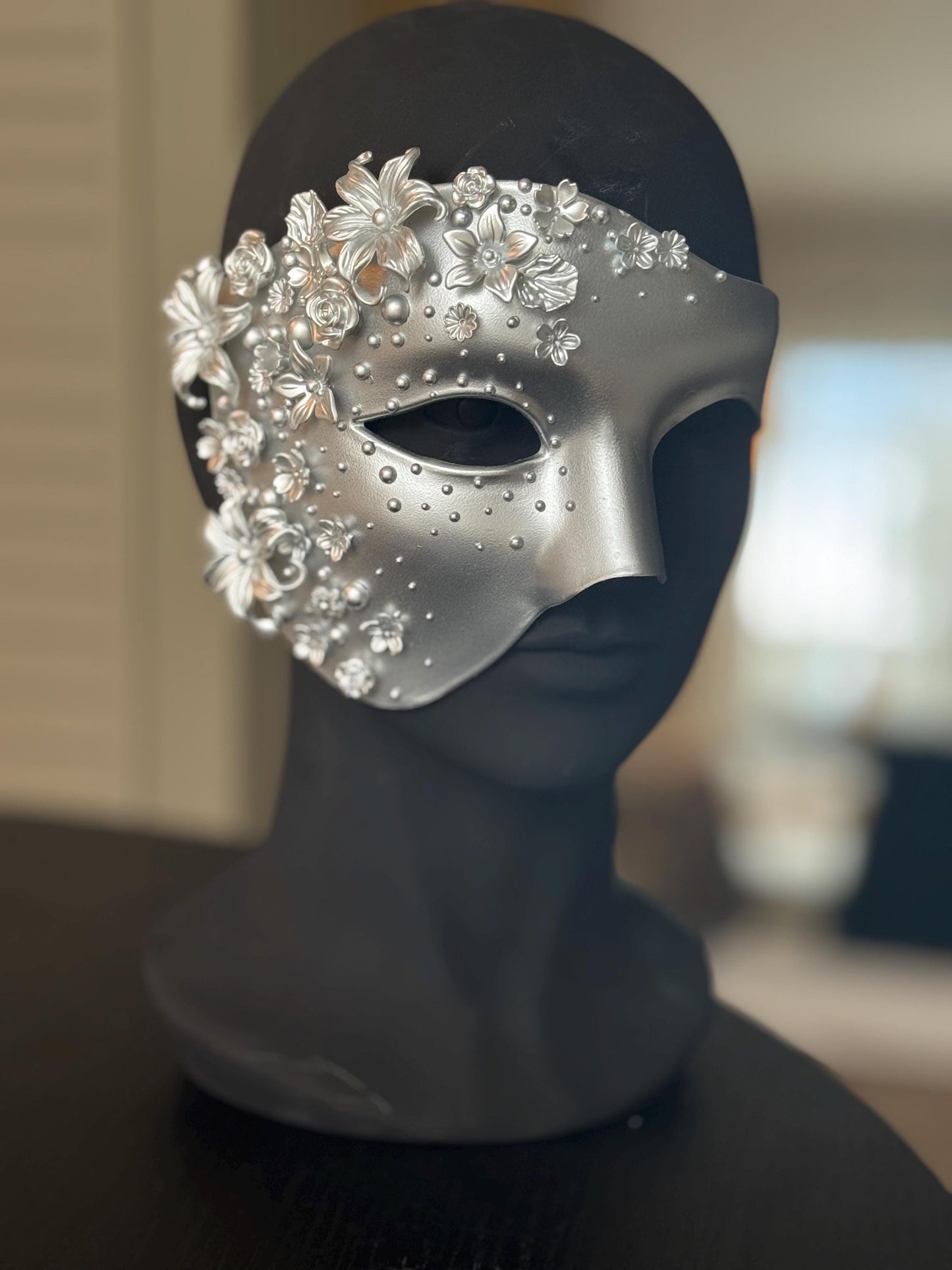 Silver Masquerade Mask: Couture Floral Pearl Fantasy Costume