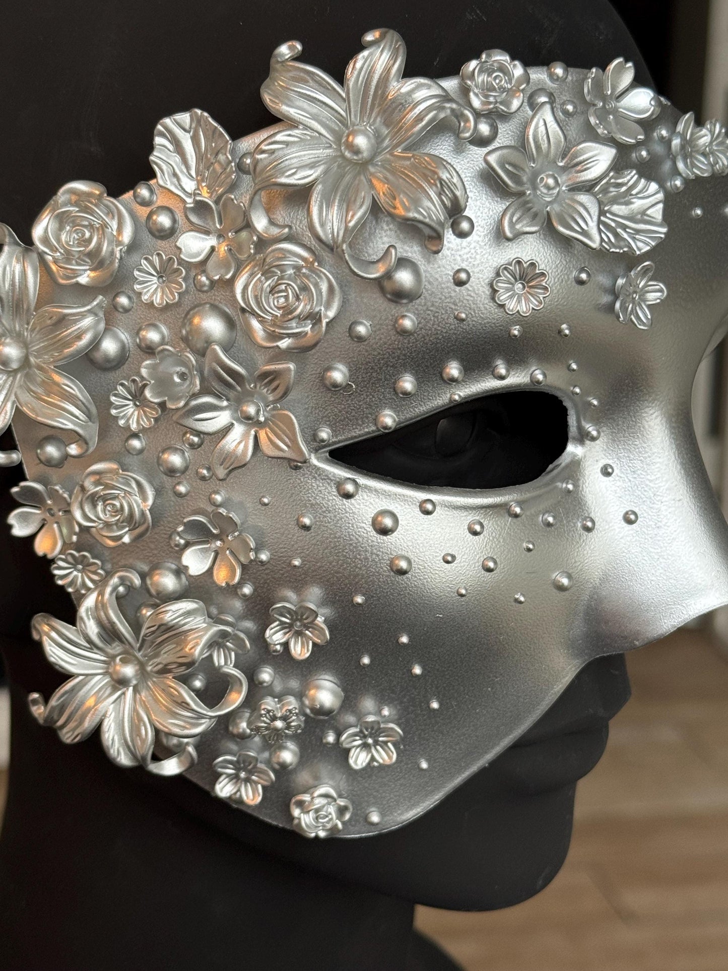 Silver Masquerade Mask: Couture Floral Pearl Fantasy Costume