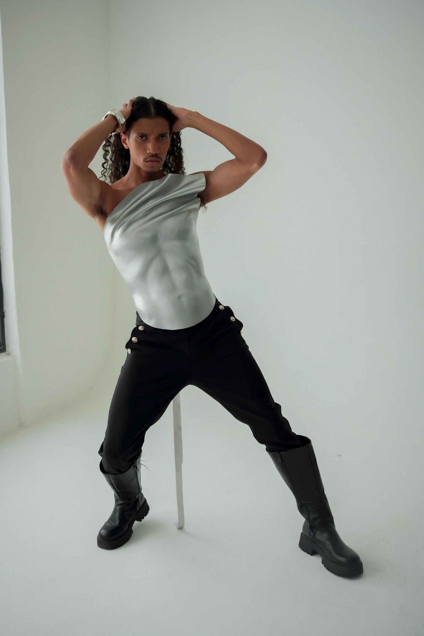 Metallic Sculpted Corset, Futuristic Torso Armor, Runway Editorial Statement Piece