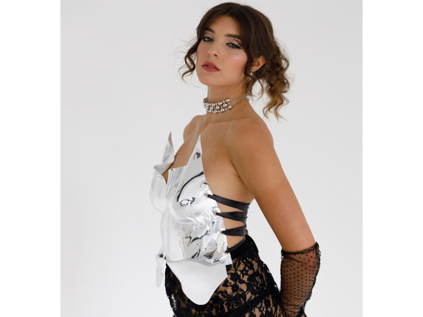 Metallic Silver Corset Crop Top: Chrome Mirror Rave Outfit