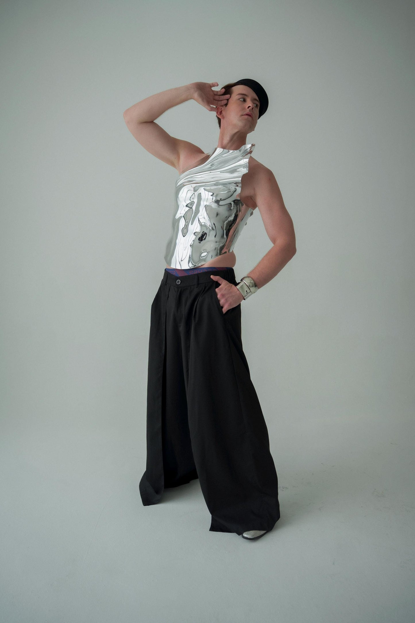 Men's Silver Metallic Corset Armor: Royal Chromium Fashion Top