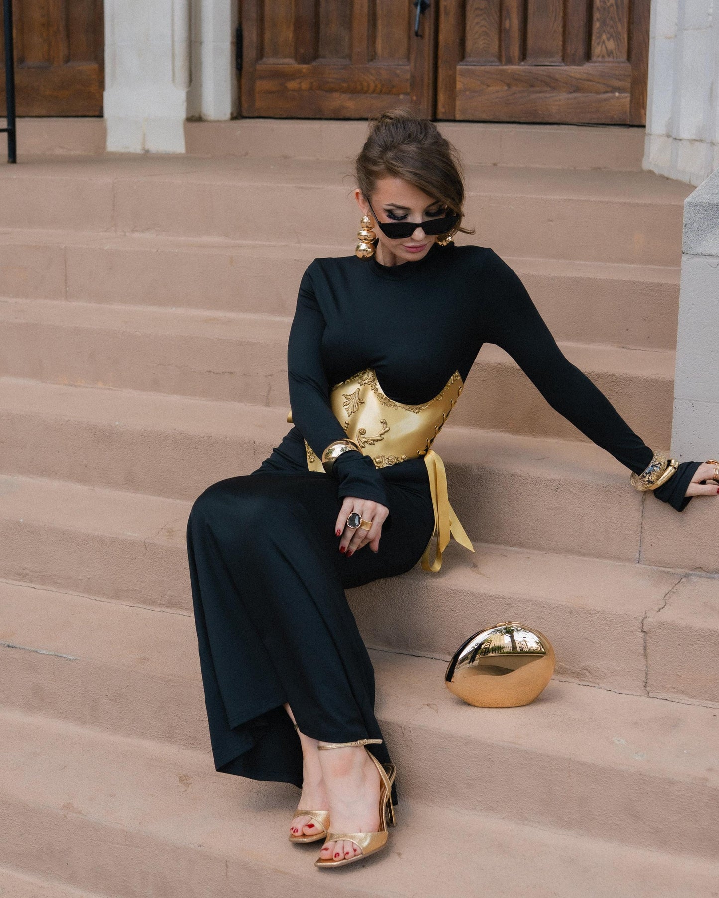 Gold Baroque Sculptural Corset Belt, Handmade Acrylic Waist Cincher, Lace Up Side Corset Couture