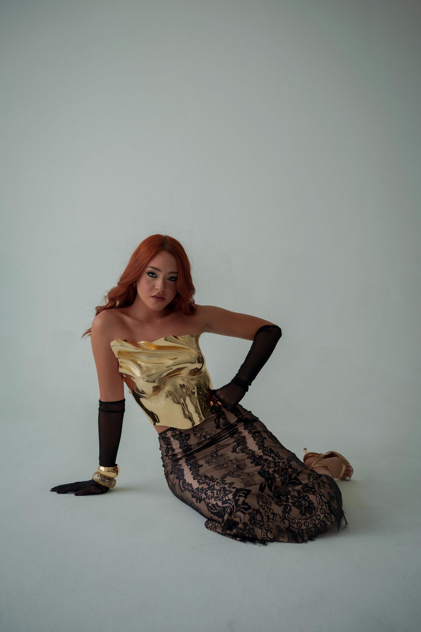 Gold Sculptural Corset Top Mirror Metallic Bustier Avant Garde Festival Rave Outfit Editorial Statement