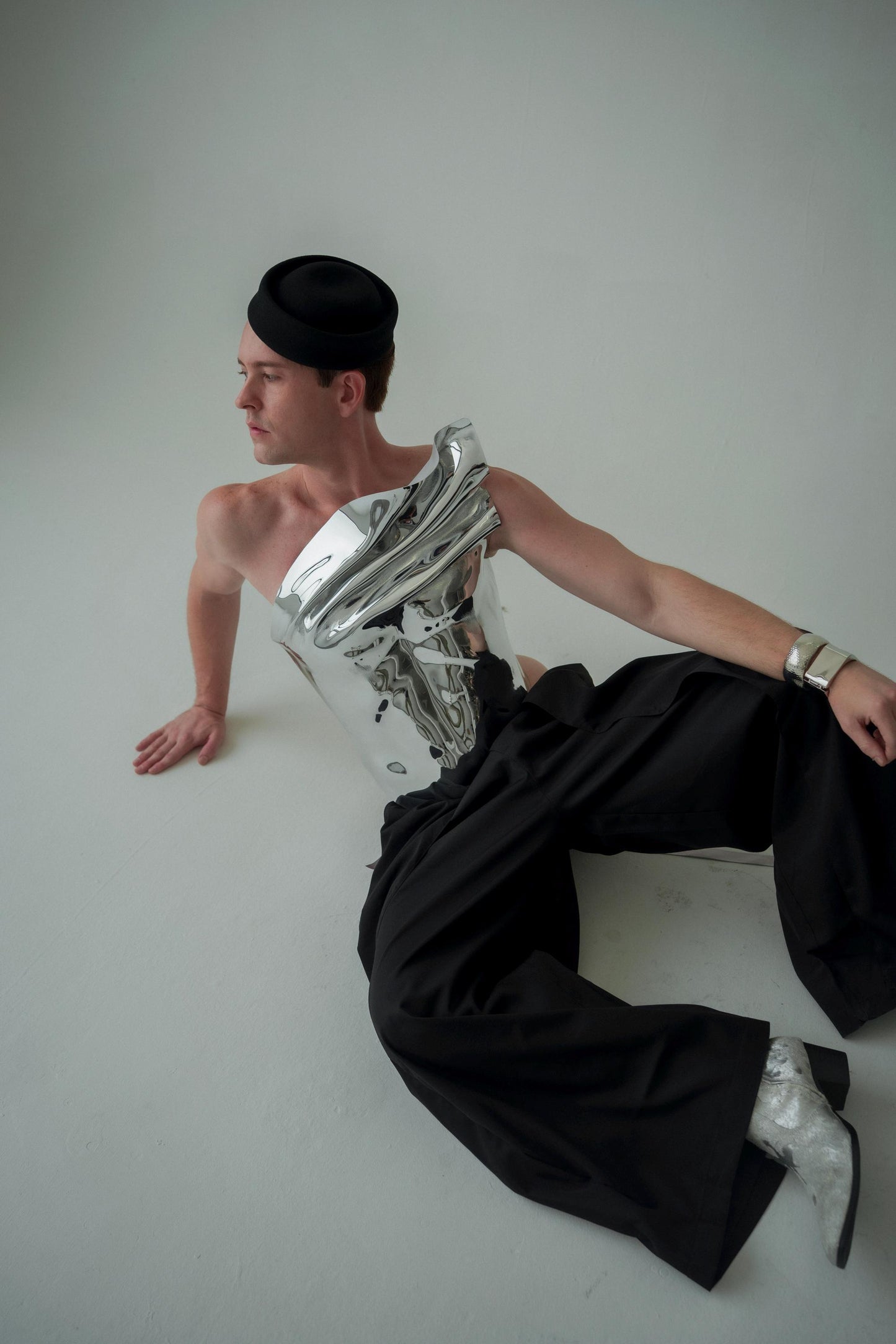 Men's Silver Metallic Corset Armor: Royal Chromium Fashion Top
