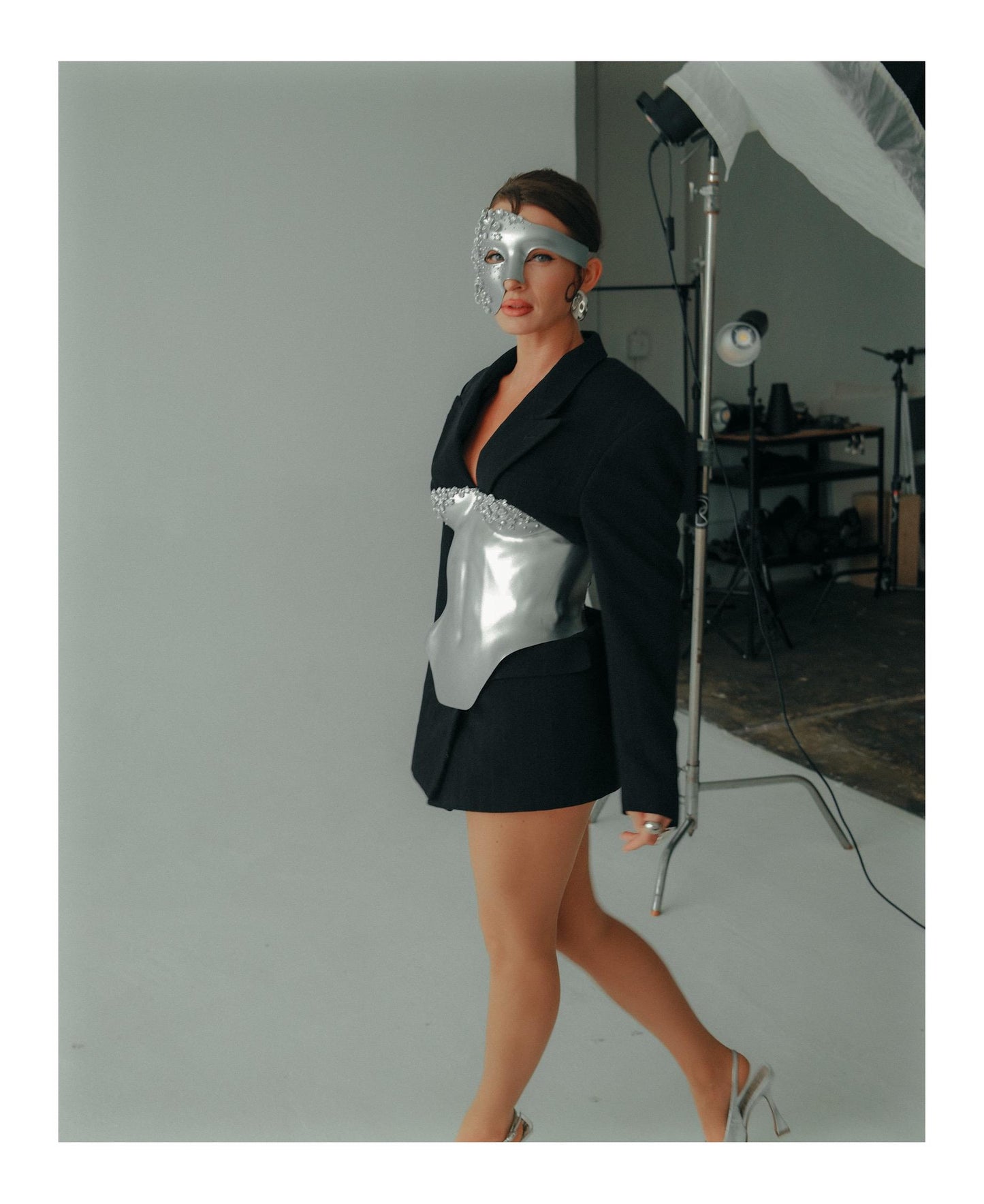 Silver Sculpted Corset Top: Handmade Metallic Bustier with Floral Crystals