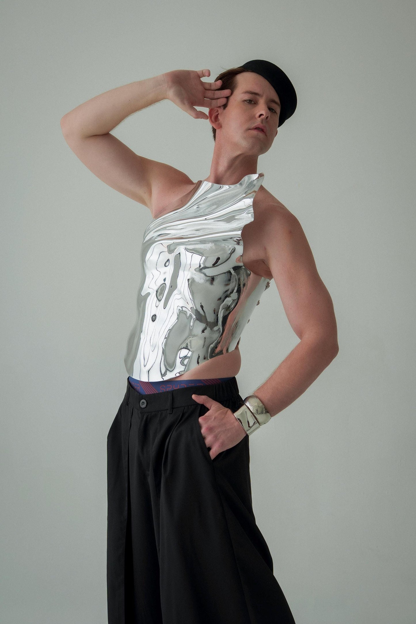 Men's Silver Metallic Corset Armor: Royal Chromium Fashion Top