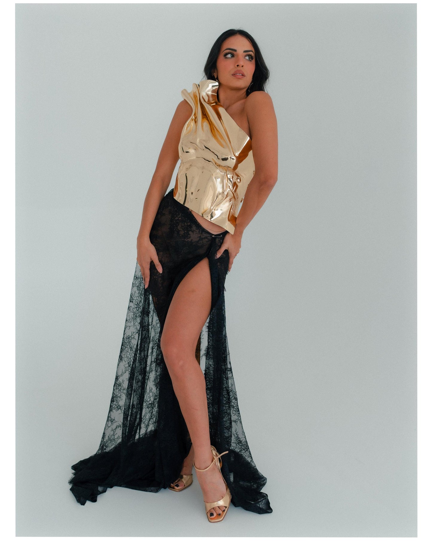 Gold Chrome Metallic Corset Futuristic Armor Bustier Christmas Party Outfit New Year’s Eve Look