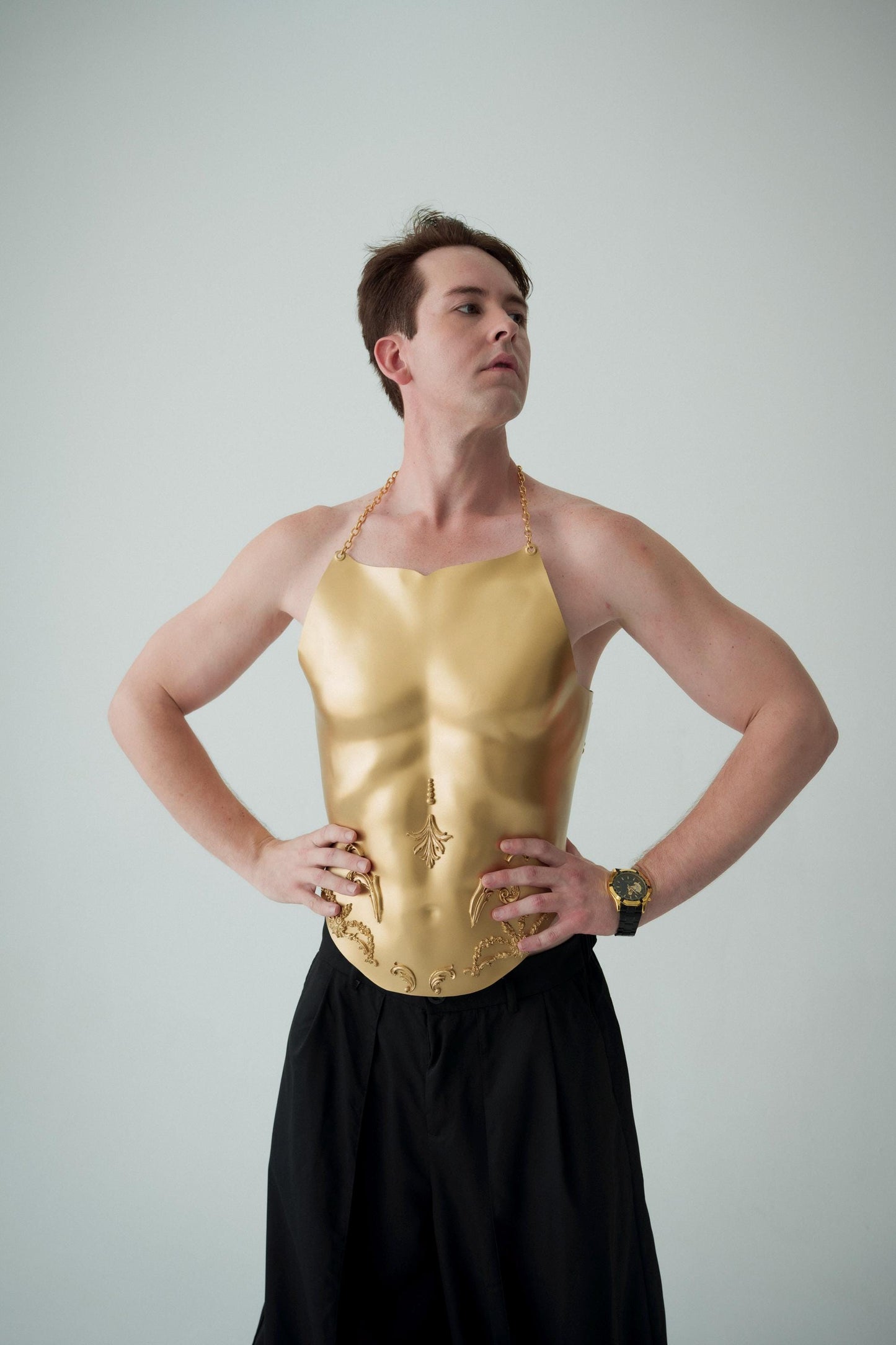 Custom Gold Corset: Men's Festival Stage Armor, Avant Garde Fashion