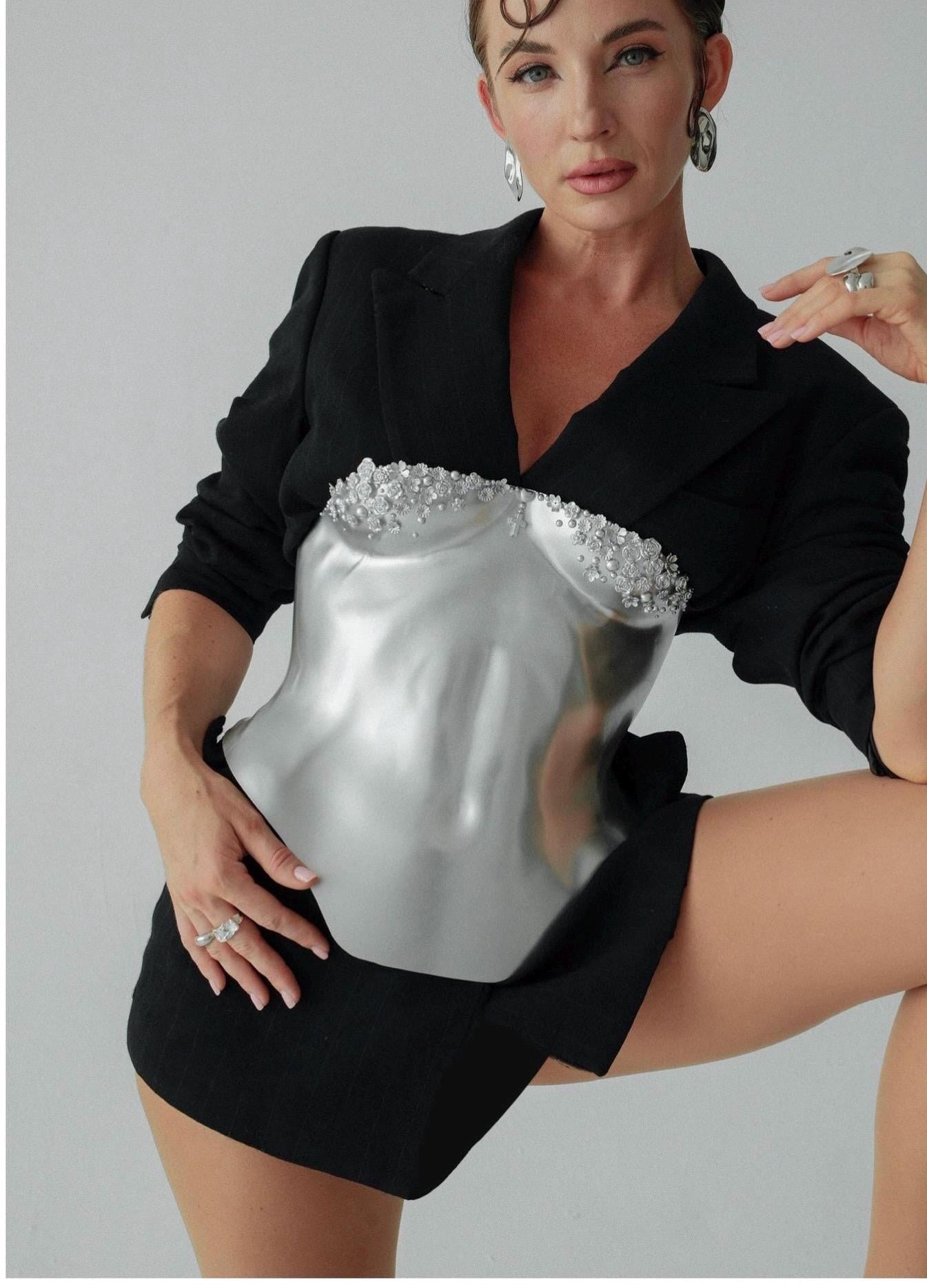 Silver Sculpted Corset Top: Handmade Metallic Bustier with Floral Crystals