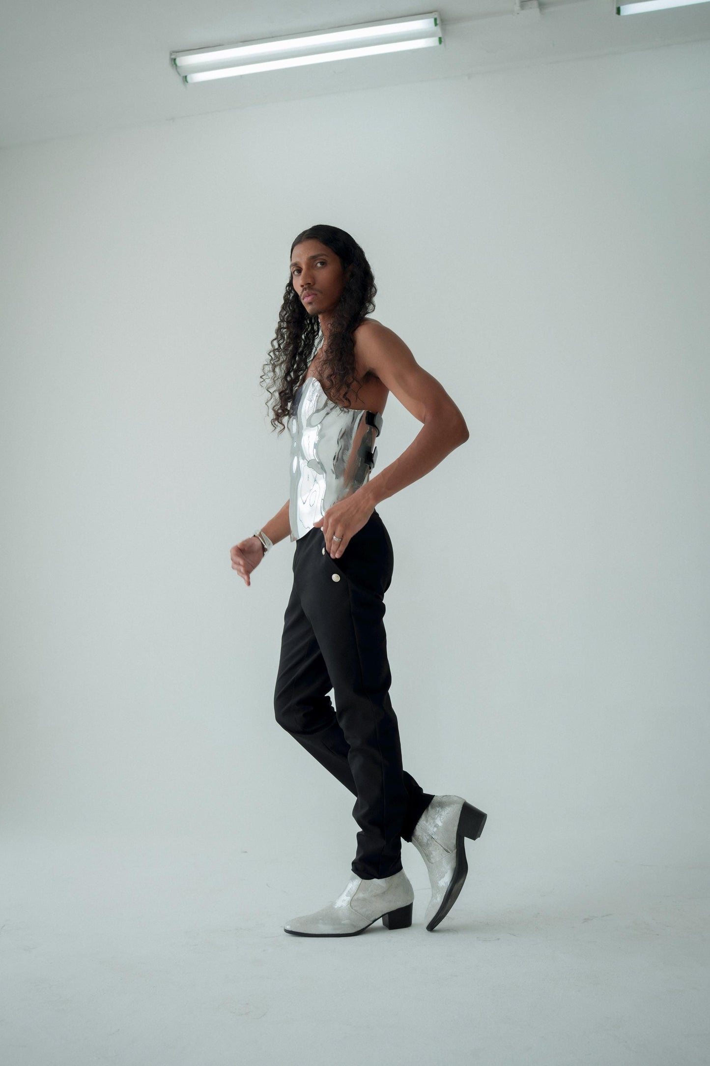 Sculptural Silver Corset Top: Futuristic Metallic Chest Armor, Avant-Garde Fashion