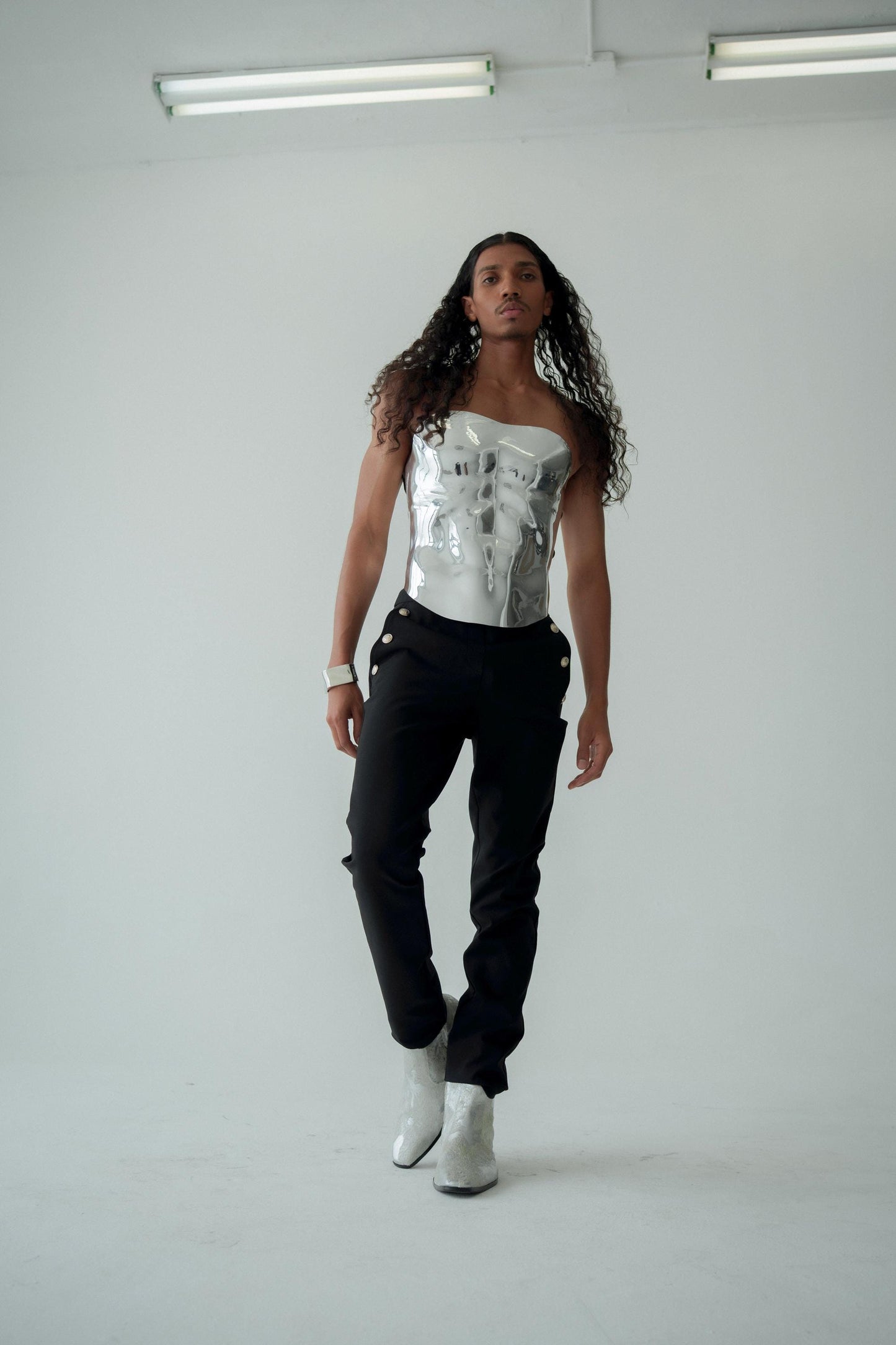 Sculptural Silver Corset Top: Futuristic Metallic Chest Armor, Avant-Garde Fashion