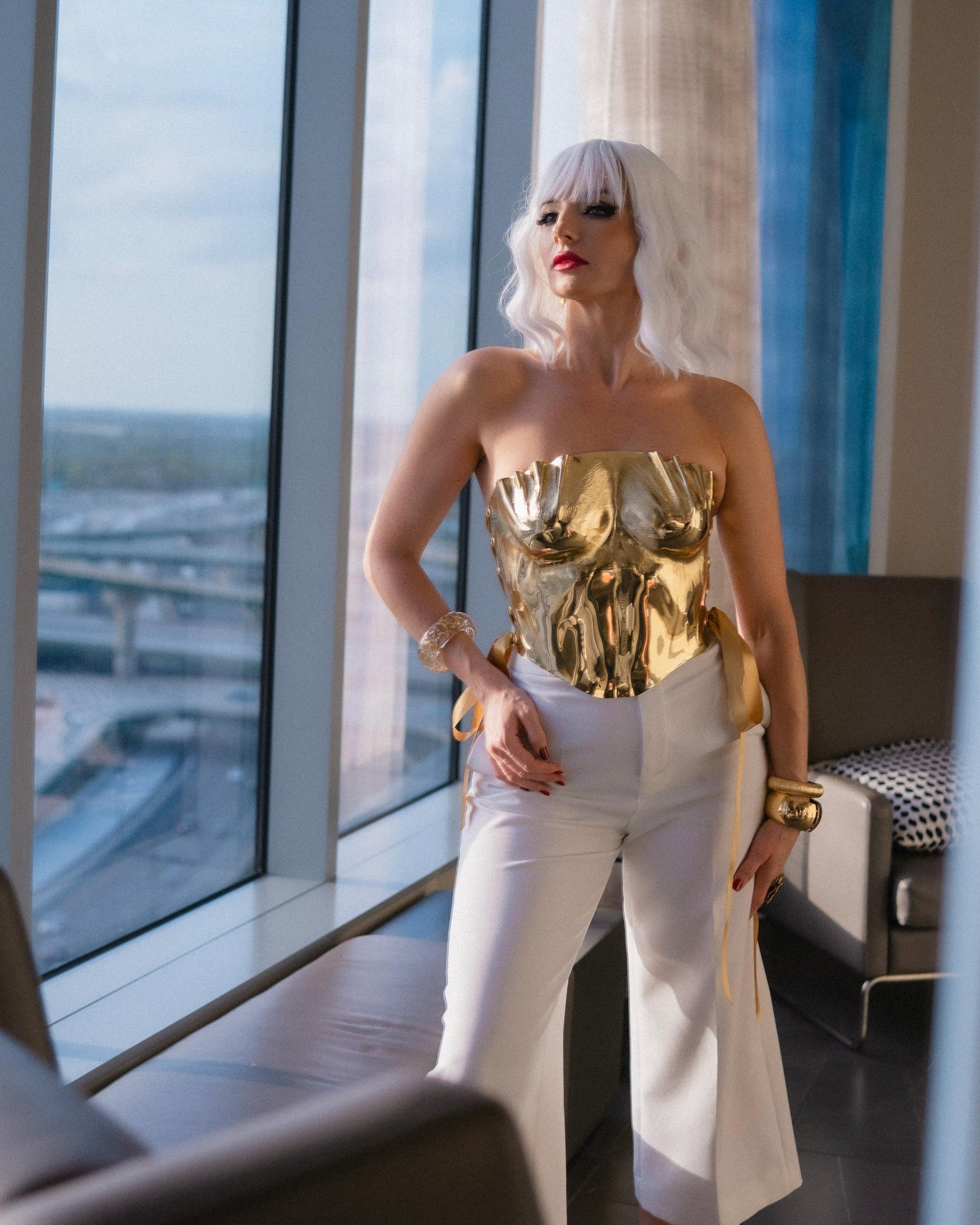 Gold Mirror Sculptural Corset Top, Handmade Metallic Bustier, Couture Statement Piece, Editorial Runway Outfit