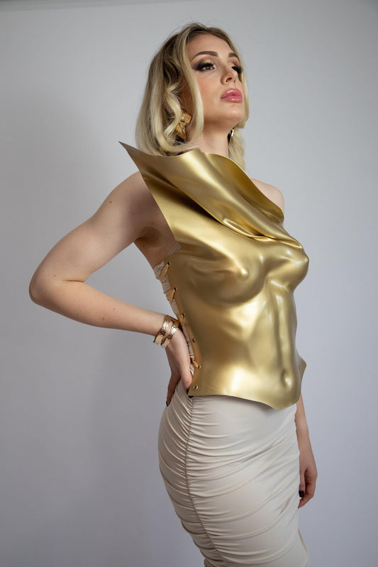 Gold Sculptural Corset Top: One-Shoulder Prom Bustier