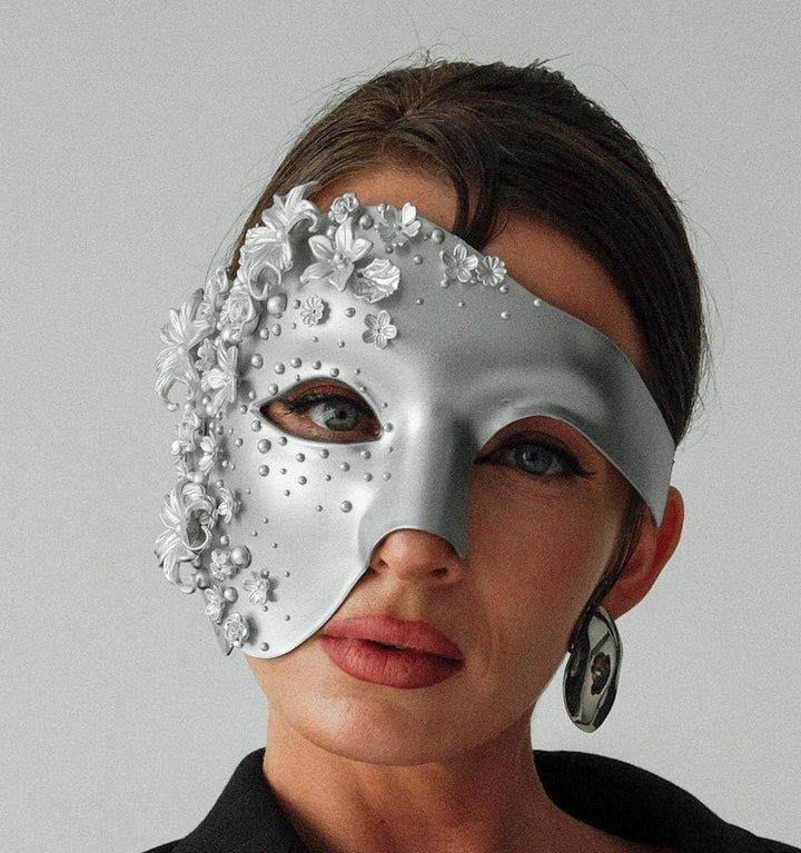 Silver Floral Pearl Masquerade Mask