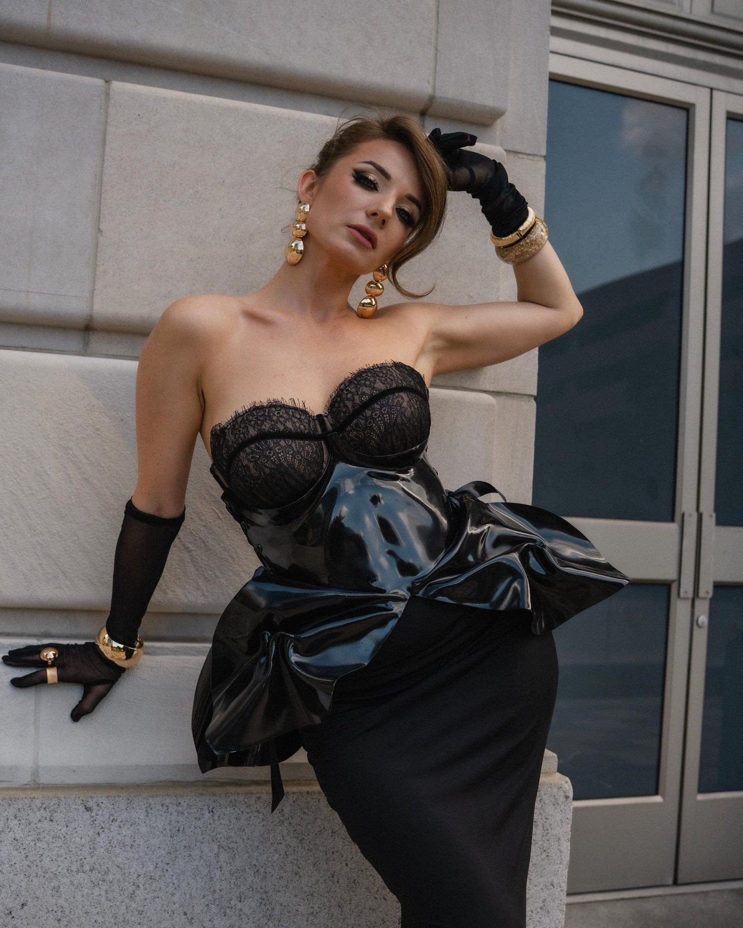 Black Sculptural PVC Corset Peplum Harness, Avant Garde Runway Waist Cincher, Futuristic Editorial Fashion