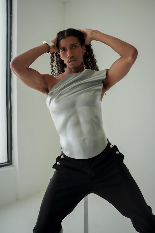 Metallic Sculpted Corset, Futuristic Torso Armor, Runway Editorial Statement Piece