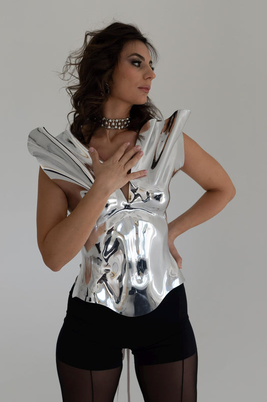 Molded Chrome Mirror Silver Corset: Rave Outfit Bustier Top