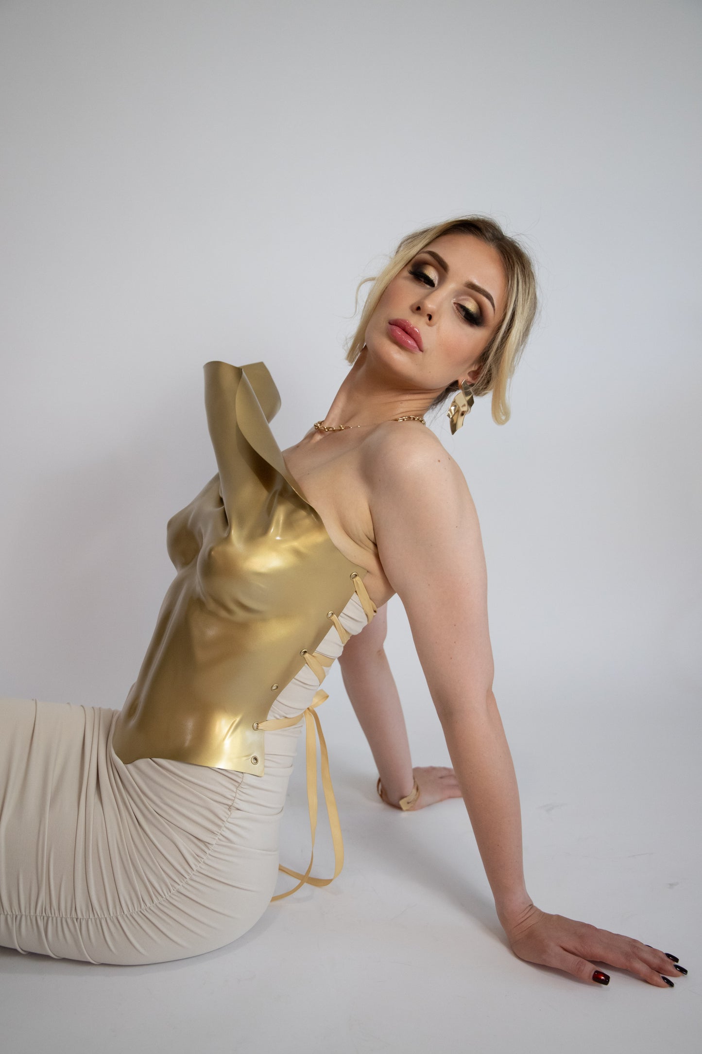 Gold One-Shoulder Sculptural Corset Top for Women – Handmade Avant-Garde Breastplate | PowerFem