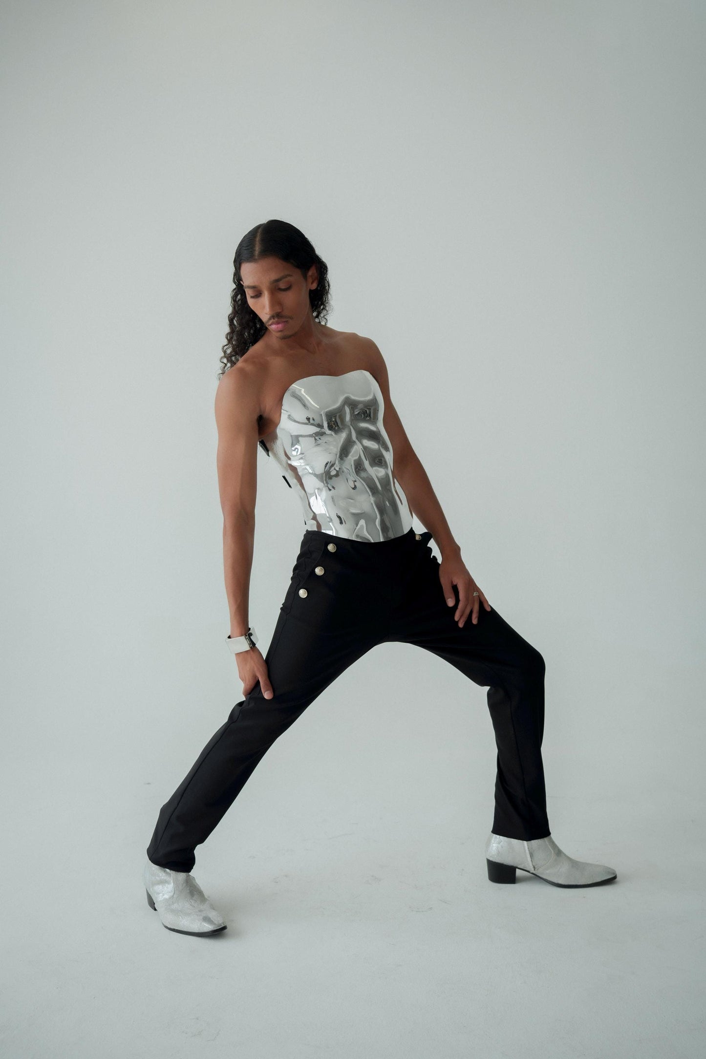 Sculptural Silver Corset Top: Futuristic Metallic Chest Armor, Avant-Garde Fashion