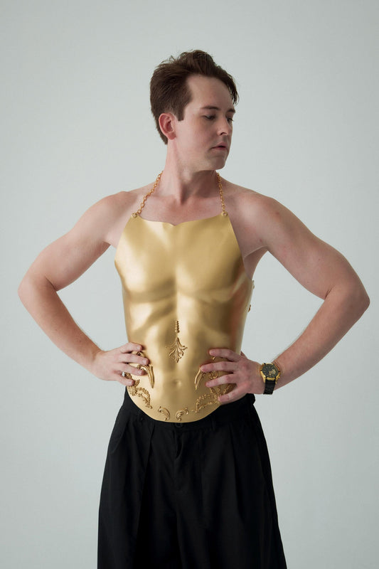 Custom Gold Corset: Men's Festival Stage Armor, Avant Garde Fashion