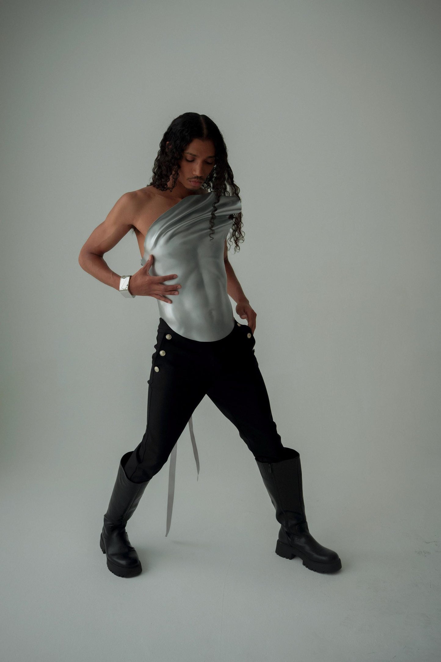 Metallic Sculpted Corset, Futuristic Torso Armor, Runway Editorial Statement Piece