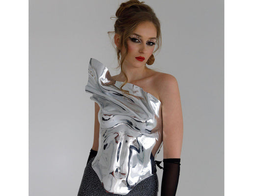 Silver Mirror Corset: Sculptural Bustier, Futuristic Rave Fashion