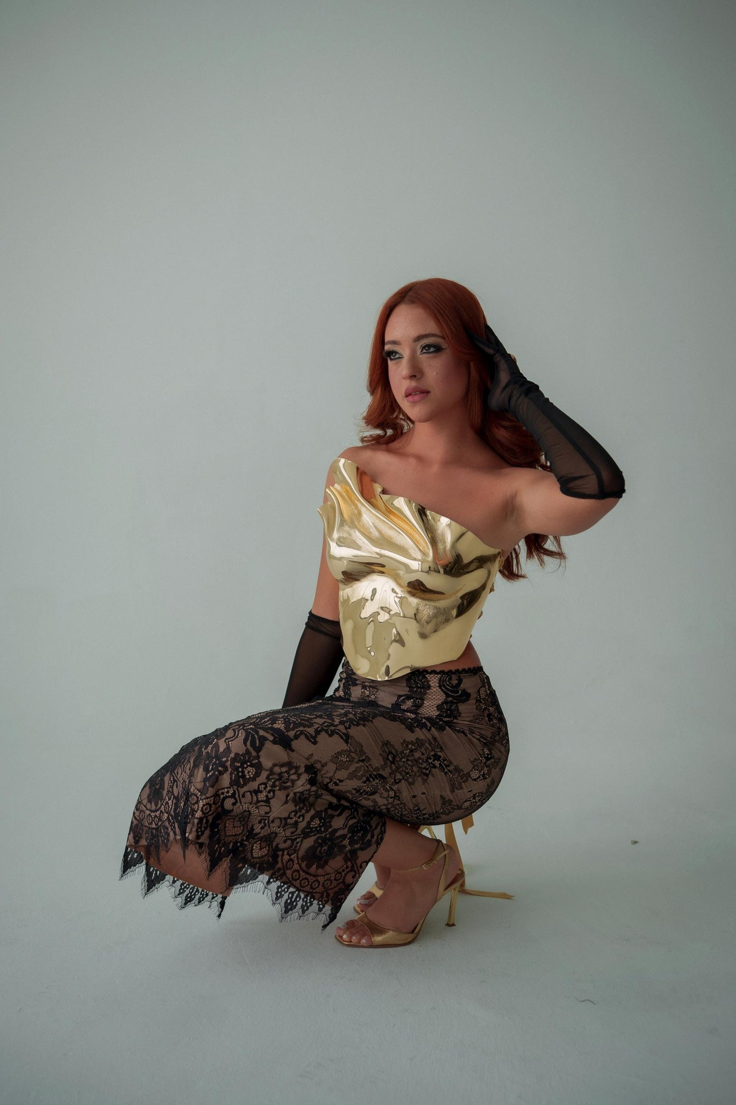 Gold Sculptural Corset Top Mirror Metallic Bustier Avant Garde Festival Rave Outfit Editorial Statement