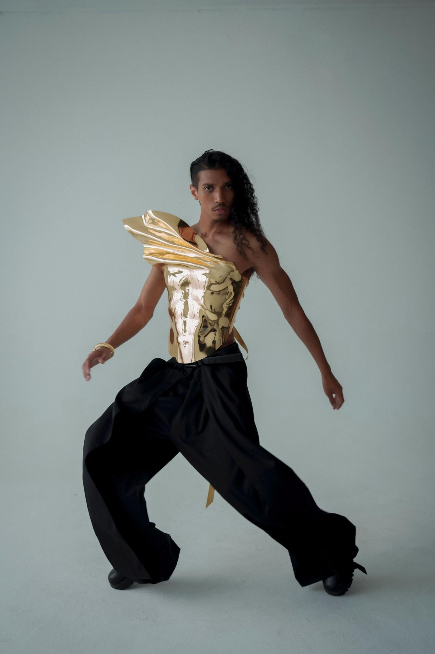 Gold Armor Corset For Men Sculptural Chest Plate Drag Costume Avant Garde Runway Statement