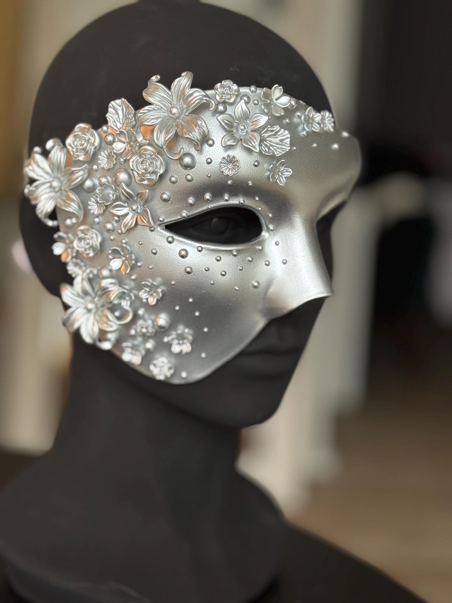 Silver Masquerade Mask: Couture Floral Pearl Fantasy Costume