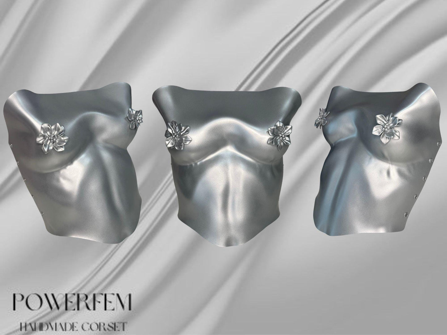 Silver Metallic Bustier Corset, Sculpted Flower Cup Top, Futuristic Statement Wearable Art
