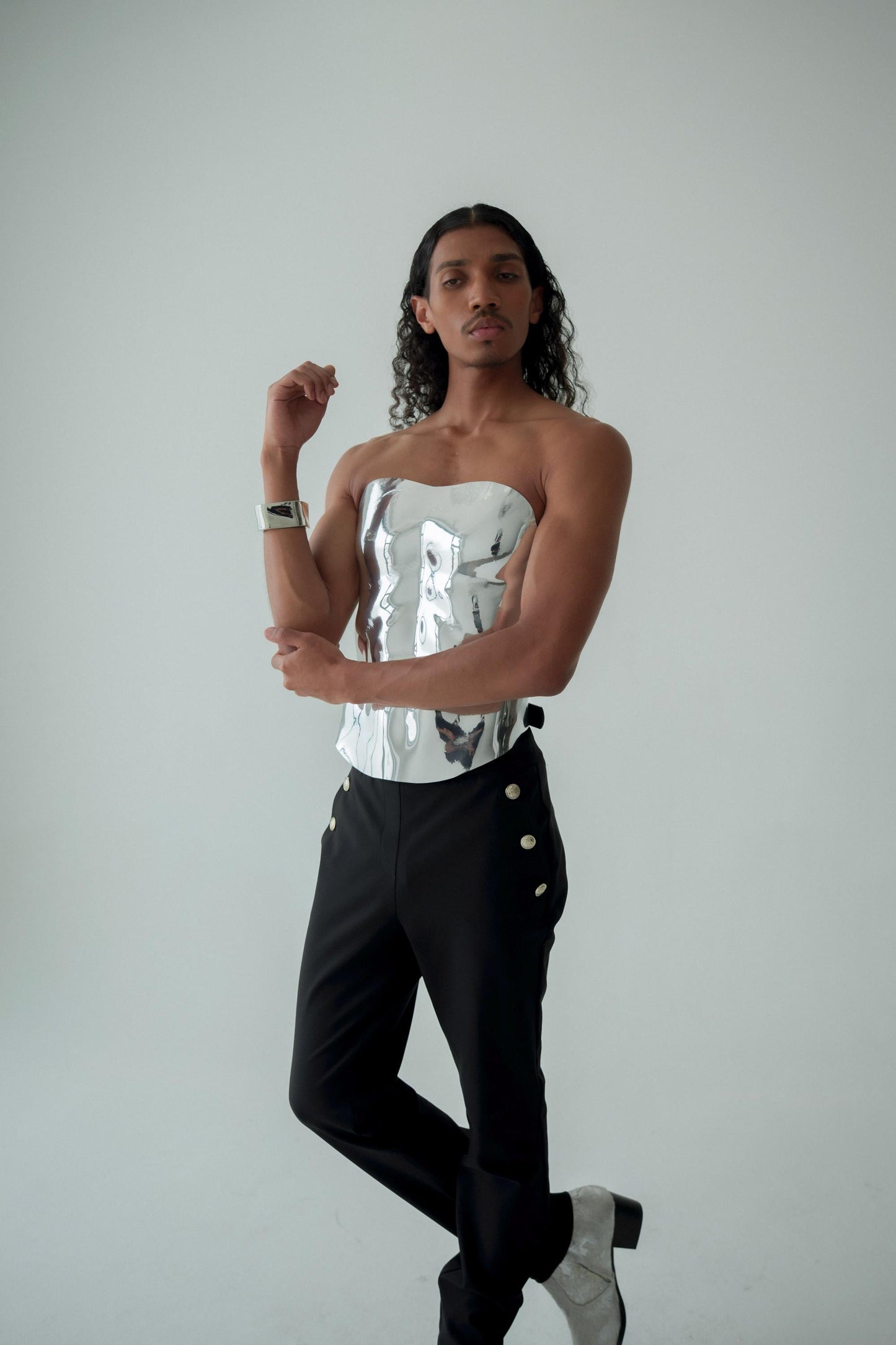 Sculptural Silver Corset Top: Futuristic Metallic Chest Armor, Avant-Garde Fashion