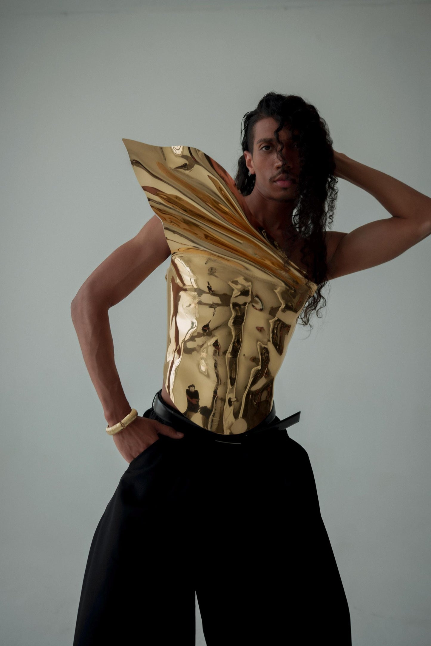 Gold Armor Corset For Men Sculptural Chest Plate Drag Costume Avant Garde Runway Statement