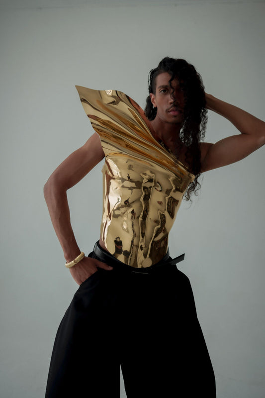 Gold Armor Corset For Men Sculptural Chest Plate Drag Costume Avant Garde Runway Statement