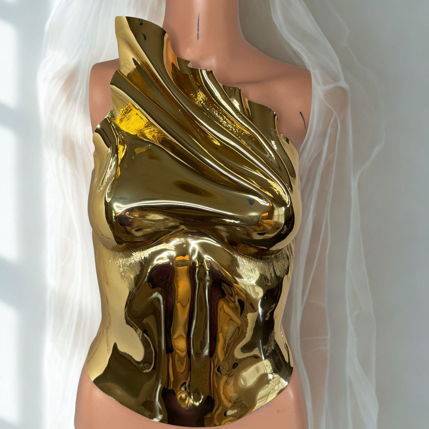 Gold Chrome Mirror Corset Top: Futuristic Rave Outfit