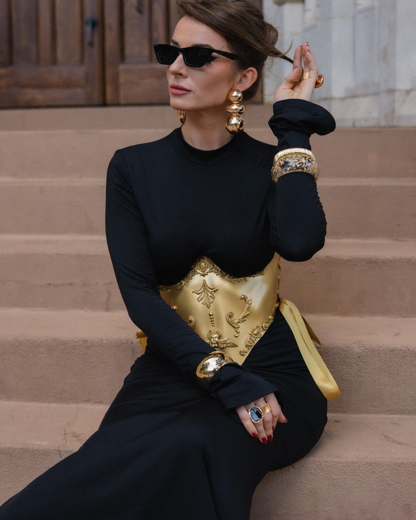 Gold Baroque Sculptural Corset Belt, Handmade Acrylic Waist Cincher, Lace Up Side Corset Couture