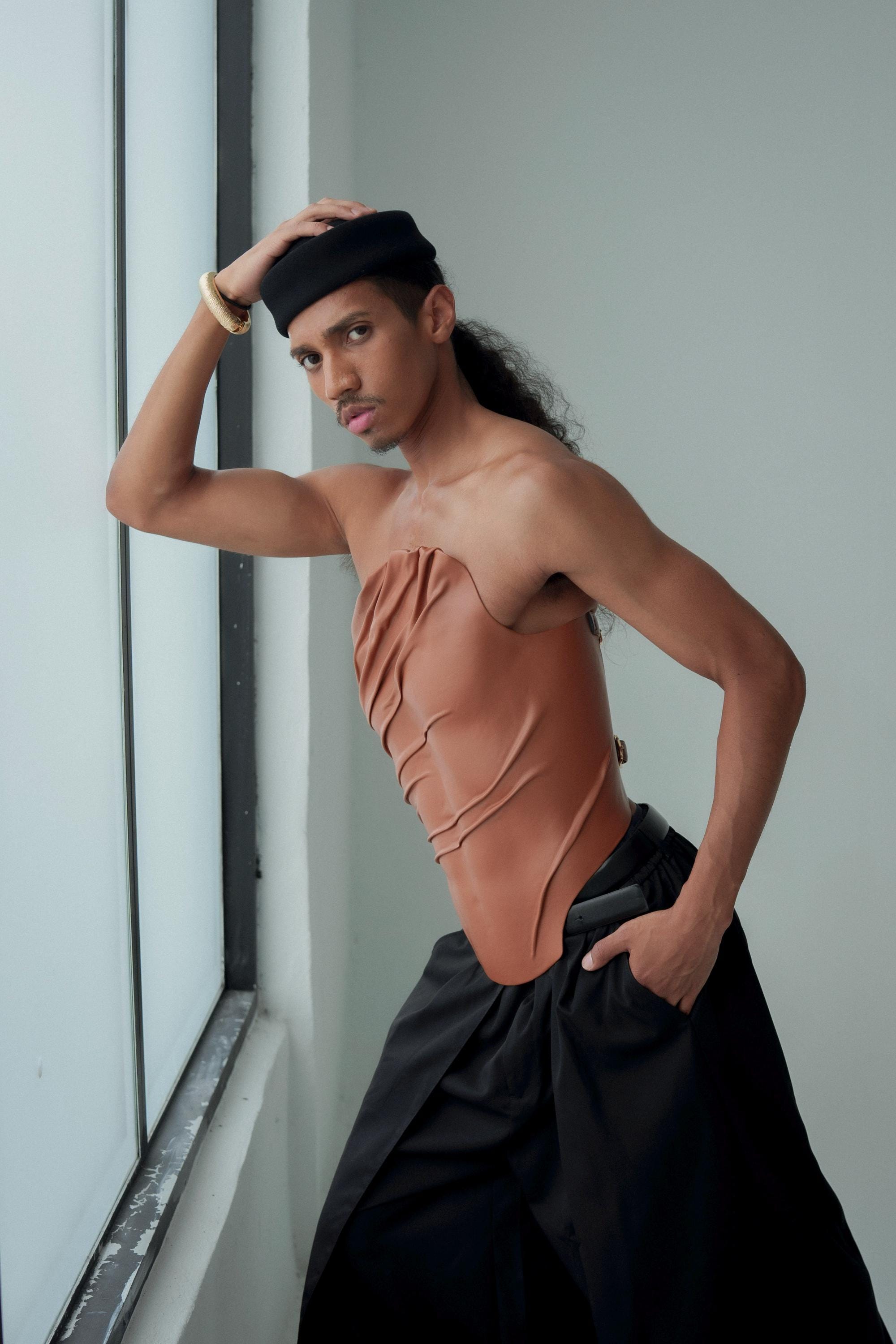 Sculptural Brown Vegan Leather Corset