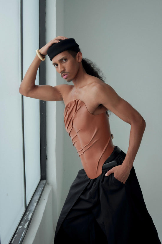 Sculptural Brown Vegan Leather Corset